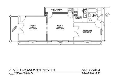 Floor plan for 1 bed, 1 bath, 726 sqft